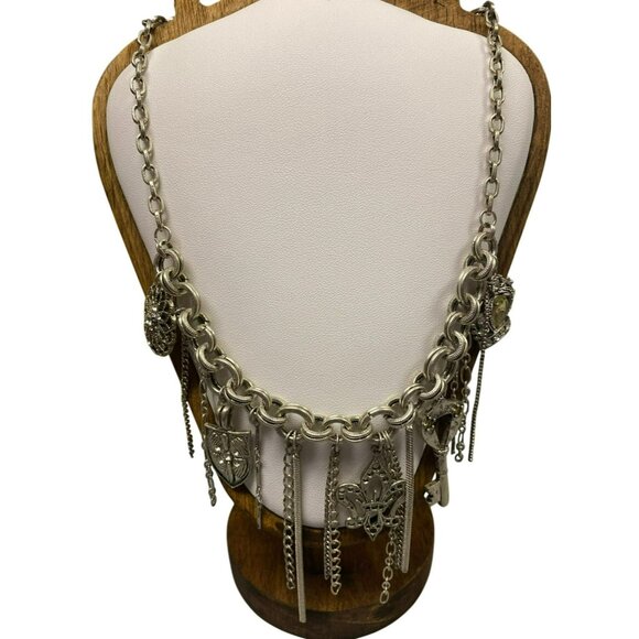 Steampunk Waterfall Charm Necklace With Key, Shield, Crown and Fleur-De-Lis Char - Picture 1 of 9